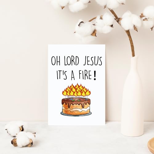 COLINHELIN Funny Birthday Cake Card for Friend Bestie Women, Snarky Humor Happy Birthday Card for Him & Her - Oh Lord Jesus It's A Fire - Image 3
