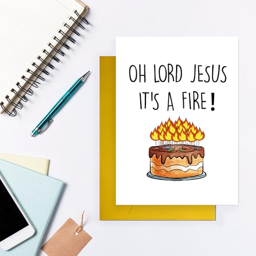 COLINHELIN Funny Birthday Cake Card for Friend Bestie Women, Snarky Humor Happy Birthday Card for Him & Her - Oh Lord Jesus It's A Fire - Image 4