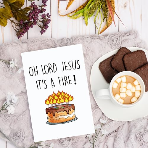 COLINHELIN Funny Birthday Cake Card for Friend Bestie Women, Snarky Humor Happy Birthday Card for Him & Her - Oh Lord Jesus It's A Fire - Image 2