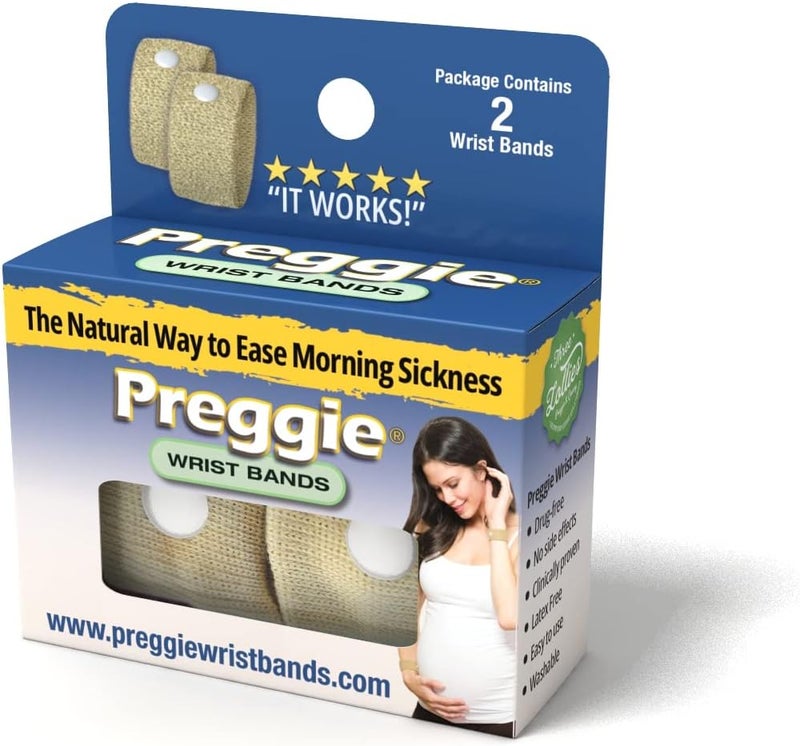 Three Lollies Preggie Wrist Bands - Natural Nausea & Sickness Relief - Morning Sickness Prevention Bands - Relief from Pregnancy Nausea - Beige - 1 ct (2 Wrist Bands)