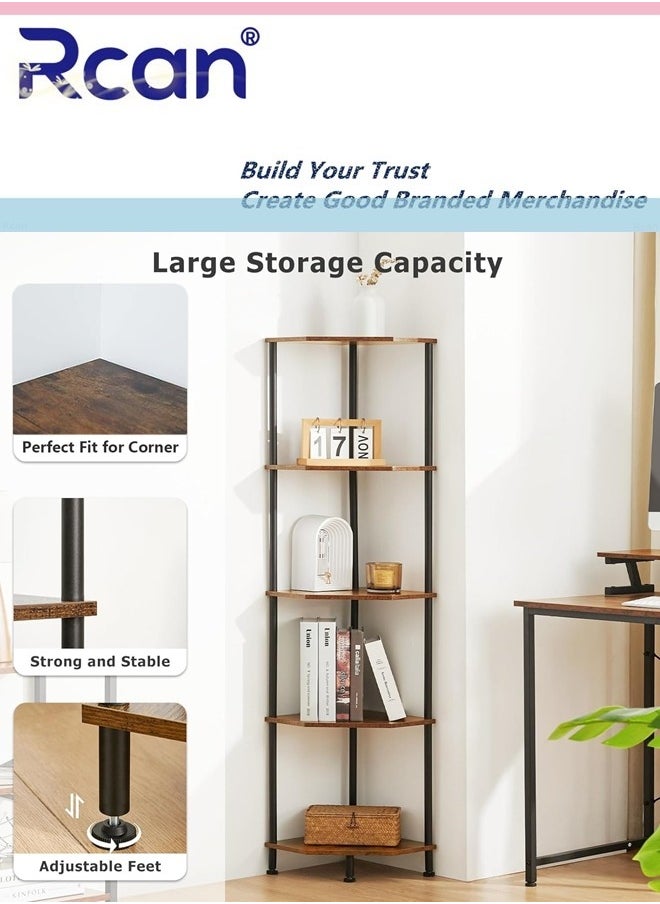 Rcan 5 Tier Corner Shelf Stand Industrial Corner Bookshelf With Metal Frame Plant Corner Display Shelf Corner Bookcase for Small Bedroom Living Room Rustic Brown  - Image 3