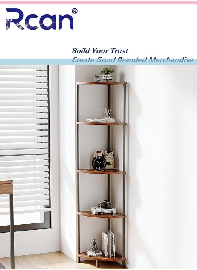 Rcan 5 Tier Corner Shelf Stand Industrial Corner Bookshelf With Metal Frame Plant Corner Display Shelf Corner Bookcase for Small Bedroom Living Room Rustic Brown  - Image 1