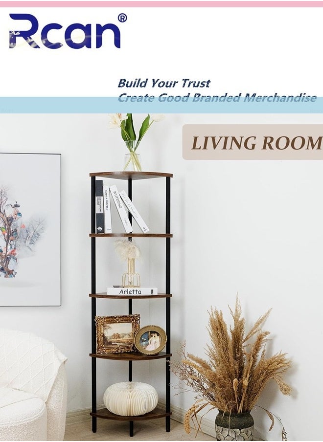 Rcan 5 Tier Corner Shelf Stand Industrial Corner Bookshelf With Metal Frame Plant Corner Display Shelf Corner Bookcase for Small Bedroom Living Room Rustic Brown  - Image 5
