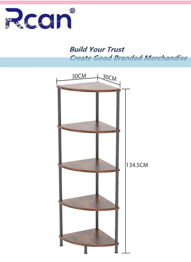 Rcan 5 Tier Corner Shelf Stand Industrial Corner Bookshelf With Metal Frame Plant Corner Display Shelf Corner Bookcase for Small Bedroom Living Room Rustic Brown  - Image 2