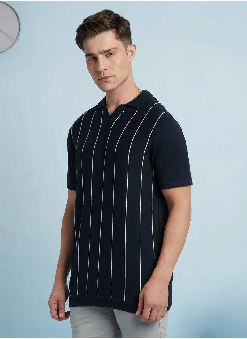 Dennis Lingo Men's Navy 100% Cotton Striped Regular Fit T-Shirt
