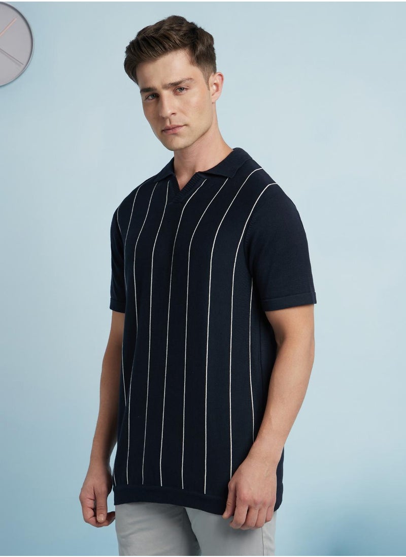 Dennis Lingo - Men's Navy 100% Cotton Striped Regular Fit T-Shirt - Image 1