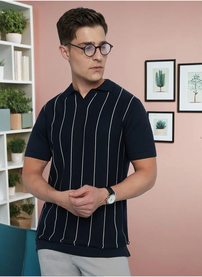 Dennis Lingo Men's Navy 100% Cotton Striped Regular Fit T-Shirt