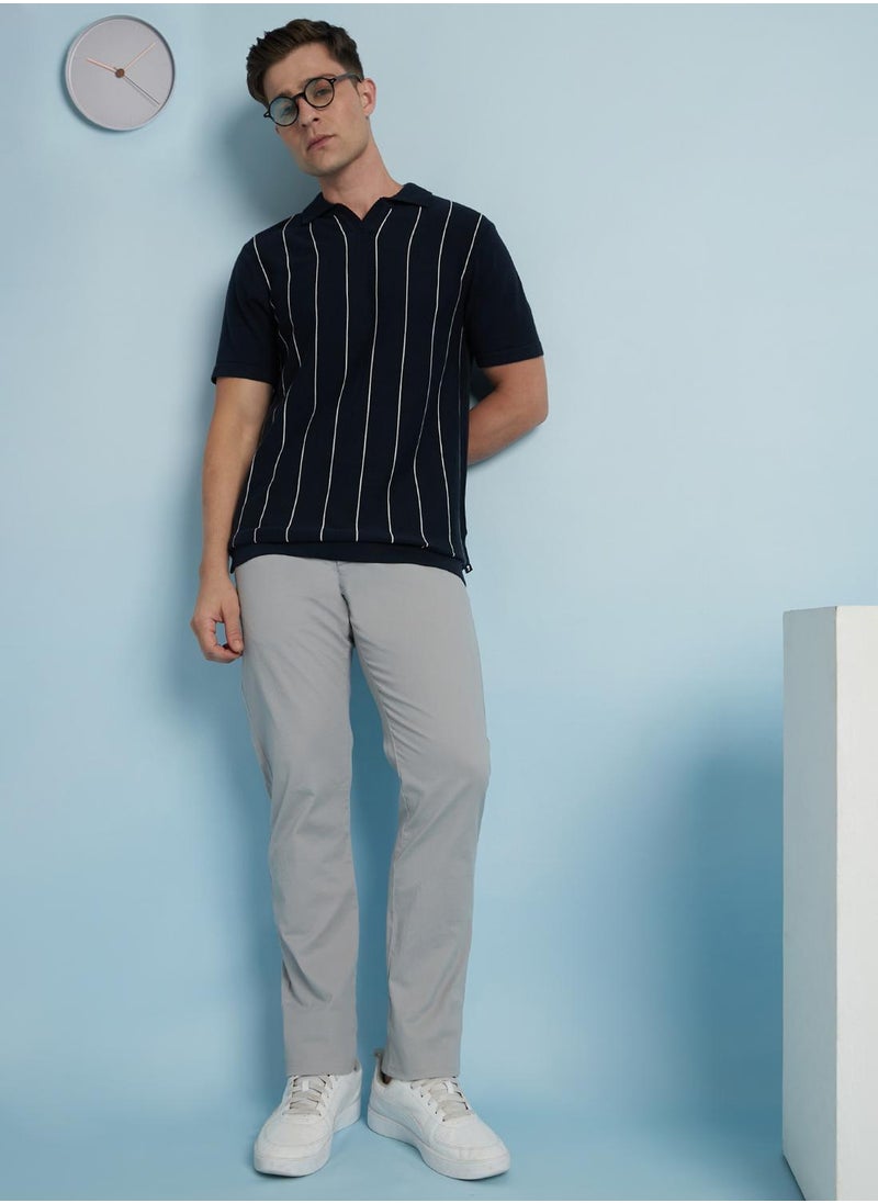 Dennis Lingo - Men's Navy 100% Cotton Striped Regular Fit T-Shirt - Image 1