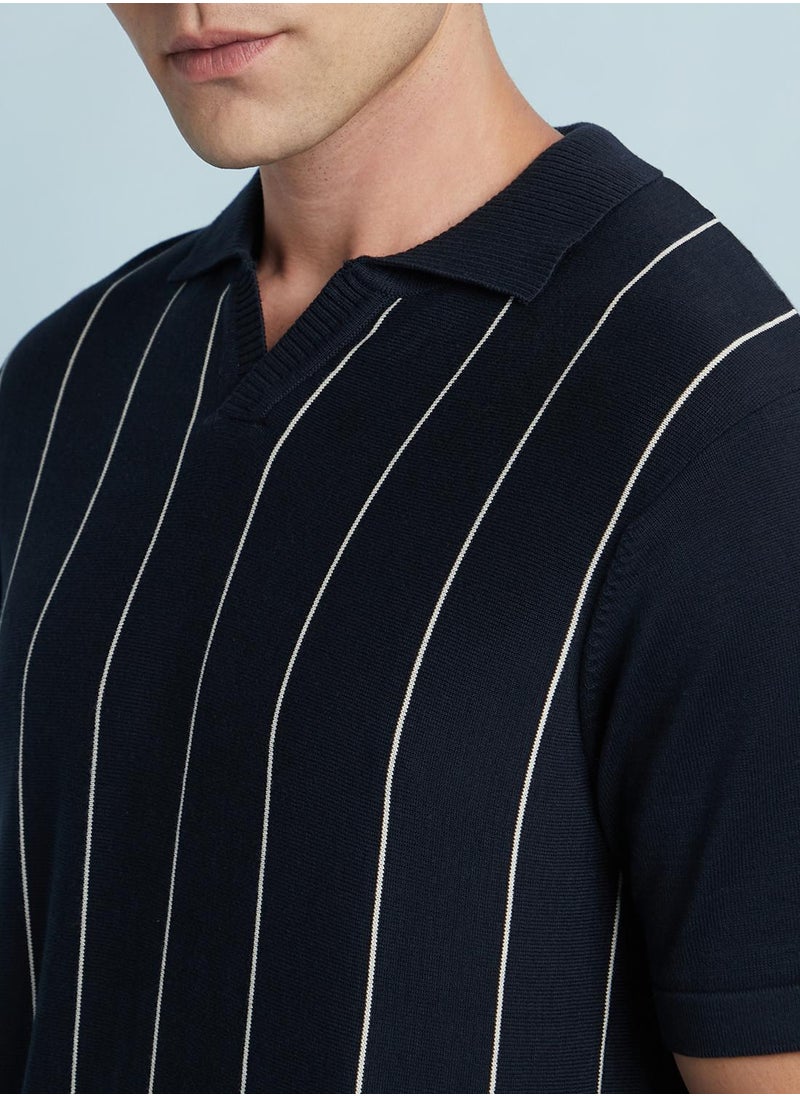 Dennis Lingo - Men's Navy 100% Cotton Striped Regular Fit T-Shirt - Image 1