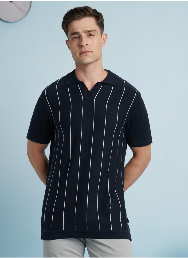 Dennis Lingo - Men's Navy 100% Cotton Striped Regular Fit T-Shirt - Image 1