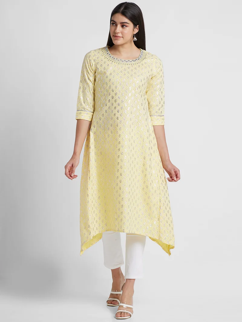 globus Women Ethnic Motifs Printed Round Neck Pure Cotton Kurta