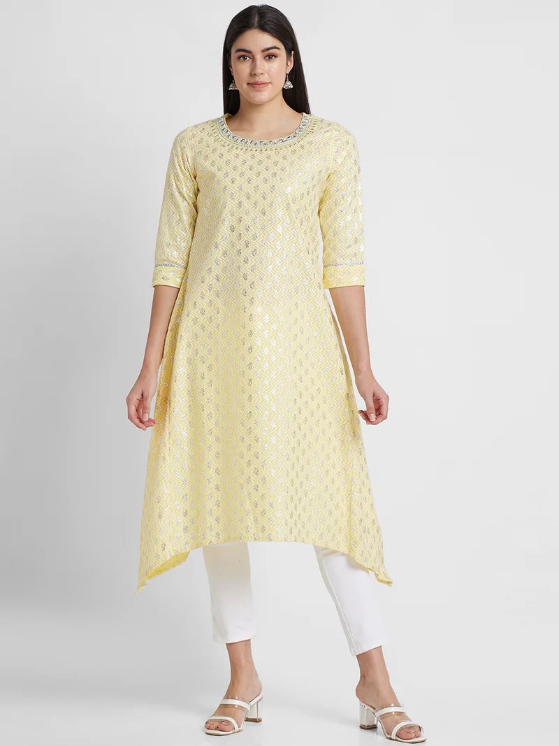 globus Women Ethnic Motifs Printed Round Neck Pure Cotton Kurta