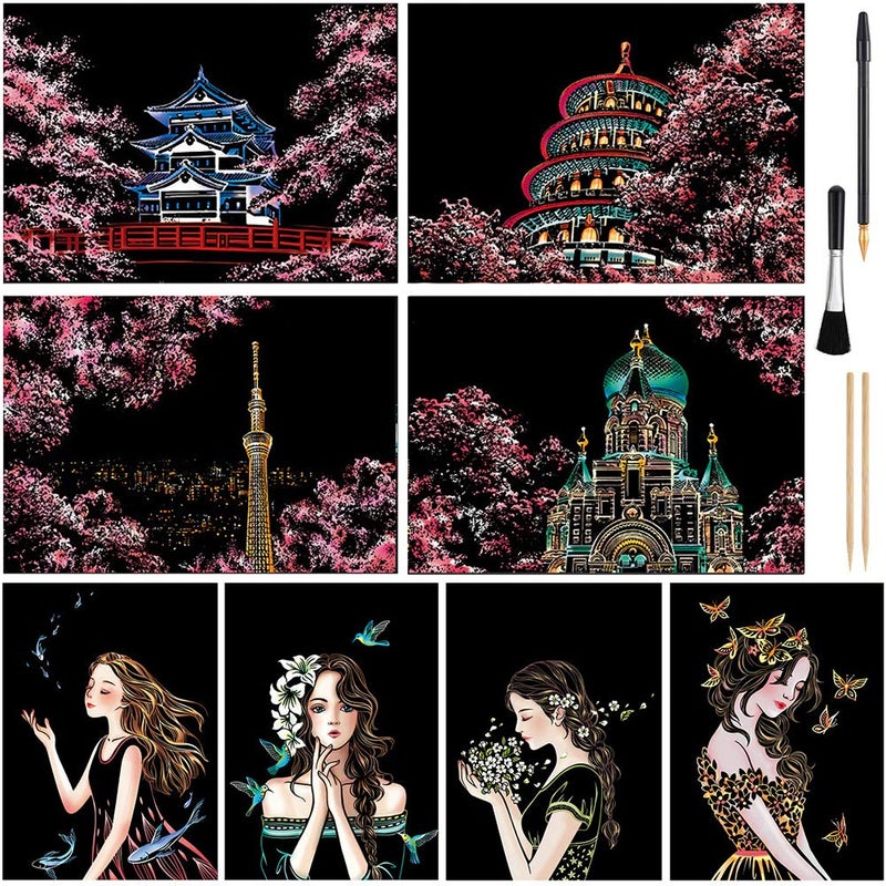 AP ARTSPER Scratch Art for Teens Adult Magic Rainbow Flower Engraving Painting Paper Landscape ScratchboardA4 Sketch Beautiful Crafts Set 8 Sheets with 4 tools Drawing Pens Cleaning BrushSakura - Image 2