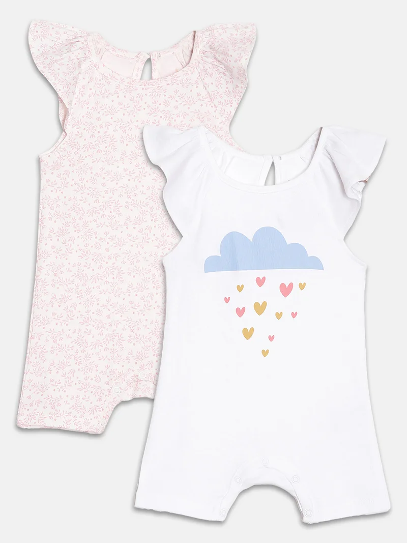 Broon Broon Infant Girls Pink and White Printed Organic Cotton Rompers Pack of 2