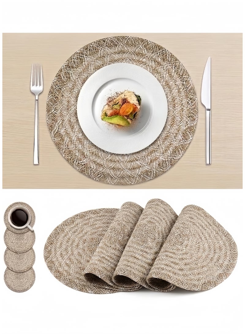 Oasis Placemats for Dining Table Set of 4, Round Woven Table Mats Kitchen Heat Resistant Coasters, Natural Linen with Coffee & Off-White Boho Decor for Home Dining Table, Ramadan & Eid Celebrations, 38cm - Image 1