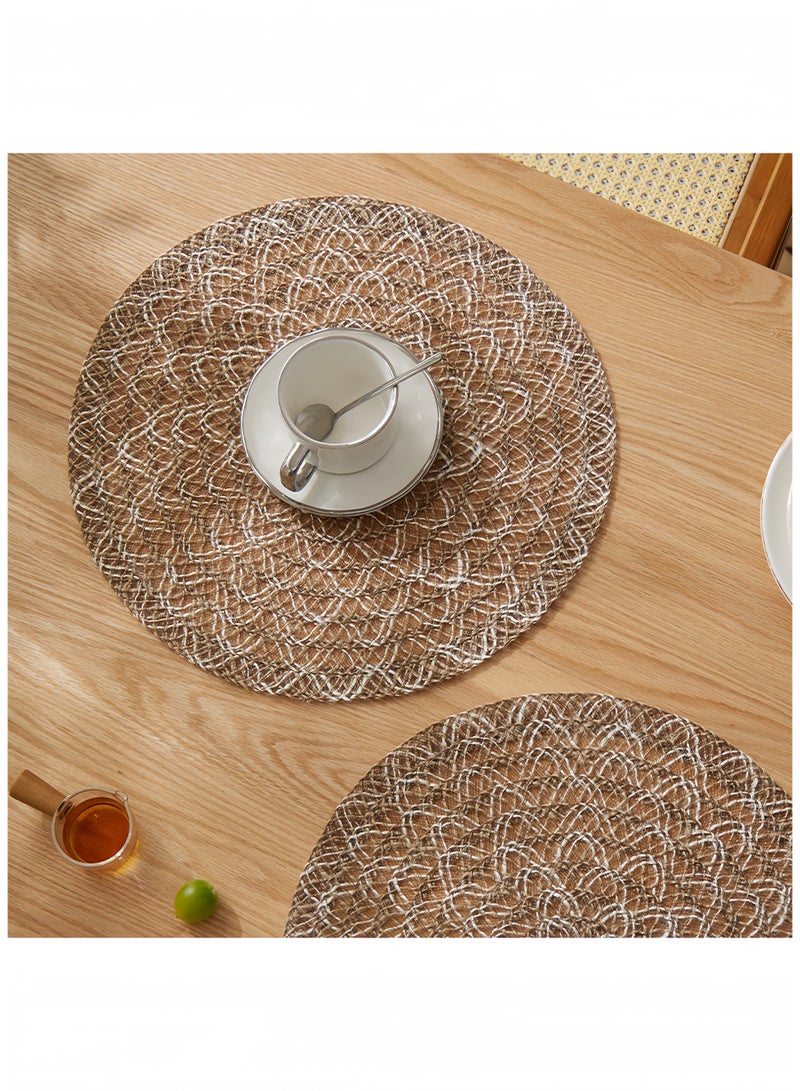 Oasis Placemats for Dining Table Set of 4, Round Woven Table Mats Kitchen Heat Resistant Coasters, Natural Linen with Coffee & Off-White Boho Decor for Home Dining Table, Ramadan & Eid Celebrations, 38cm - Image 5