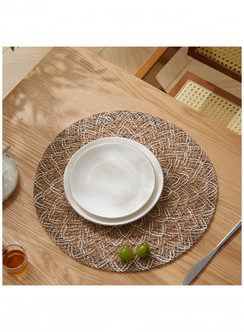 Oasis Placemats for Dining Table Set of 4, Round Woven Table Mats Kitchen Heat Resistant Coasters, Natural Linen with Coffee & Off-White Boho Decor for Home Dining Table, Ramadan & Eid Celebrations, 38cm - Image 4