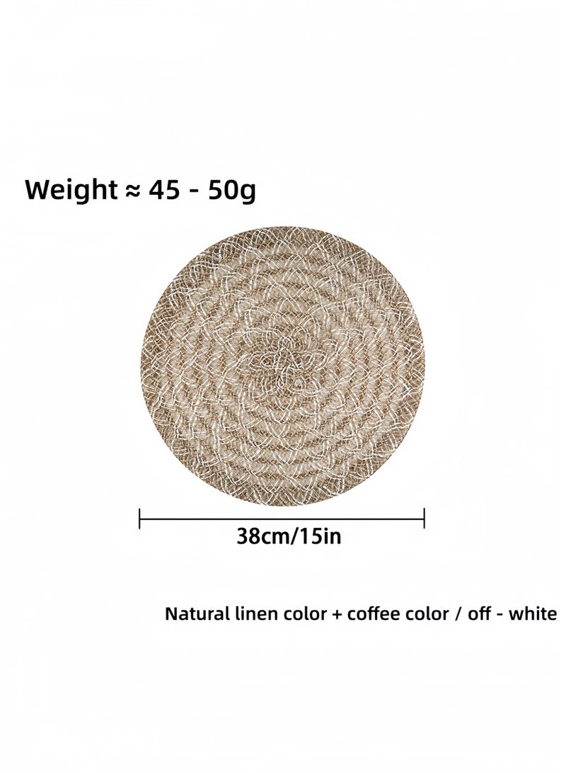 Oasis Placemats for Dining Table Set of 4, Round Woven Table Mats Kitchen Heat Resistant Coasters, Natural Linen with Coffee & Off-White Boho Decor for Home Dining Table, Ramadan & Eid Celebrations, 38cm - Image 2