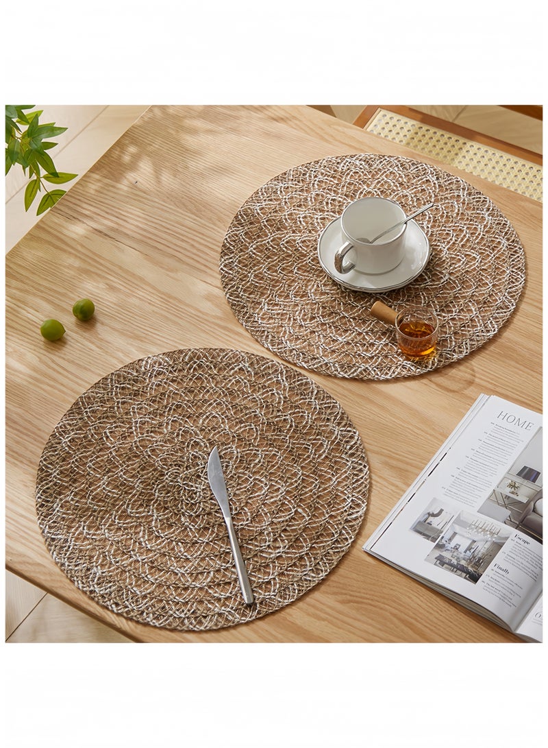 Oasis Placemats for Dining Table Set of 4, Round Woven Table Mats Kitchen Heat Resistant Coasters, Natural Linen with Coffee & Off-White Boho Decor for Home Dining Table, Ramadan & Eid Celebrations, 38cm - Image 3