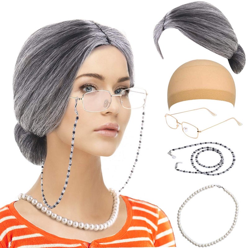 Feacole Old Lady Costume Set-Grandmother Wig,Wig Caps, Madea Granny Glasses, Eyeglass Retainer Chain,Pearl Necklace(5 Pieces) - Image 1