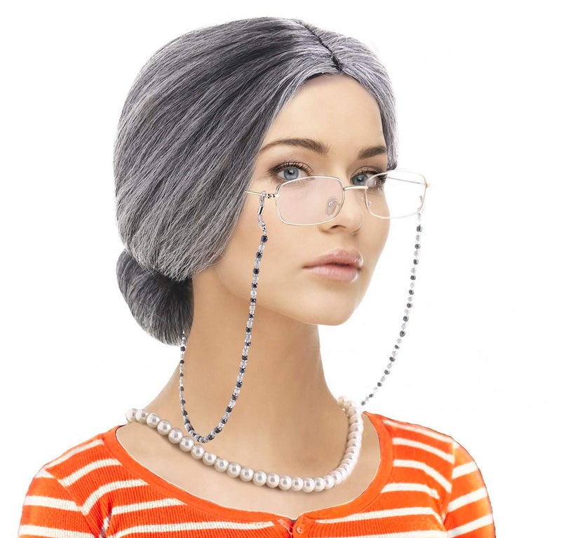 Feacole Old Lady Costume Set-Grandmother Wig,Wig Caps, Madea Granny Glasses, Eyeglass Retainer Chain,Pearl Necklace(5 Pieces) - Image 2