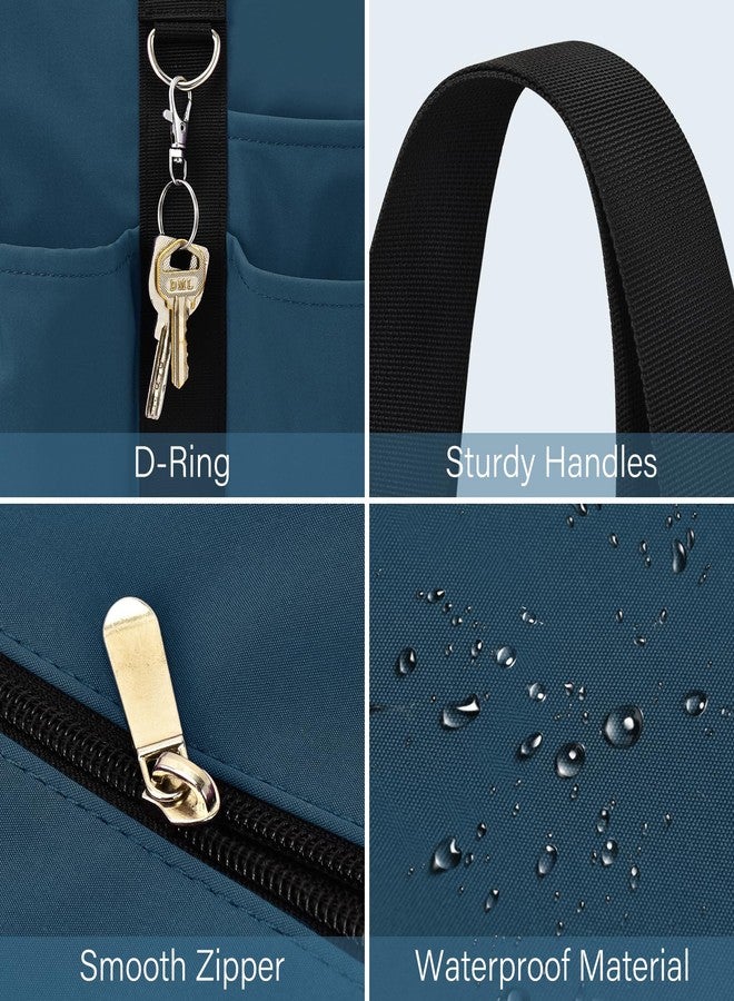 Becokan Large Tote Bag for Women Waterproof with 12 Pockets Top Zipper Closure Utility Teacher Nurse Bags for Work School, Dark Blue, Medium - Image 4