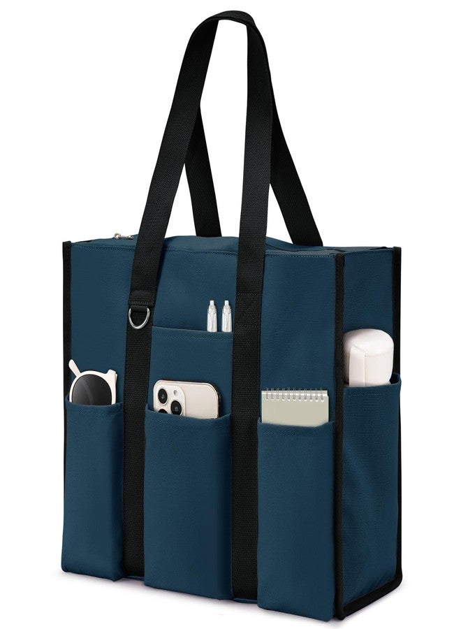 Becokan Large Tote Bag for Women Waterproof with 12 Pockets Top Zipper Closure Utility Teacher Nurse Bags for Work School, Dark Blue, Medium - Image 1