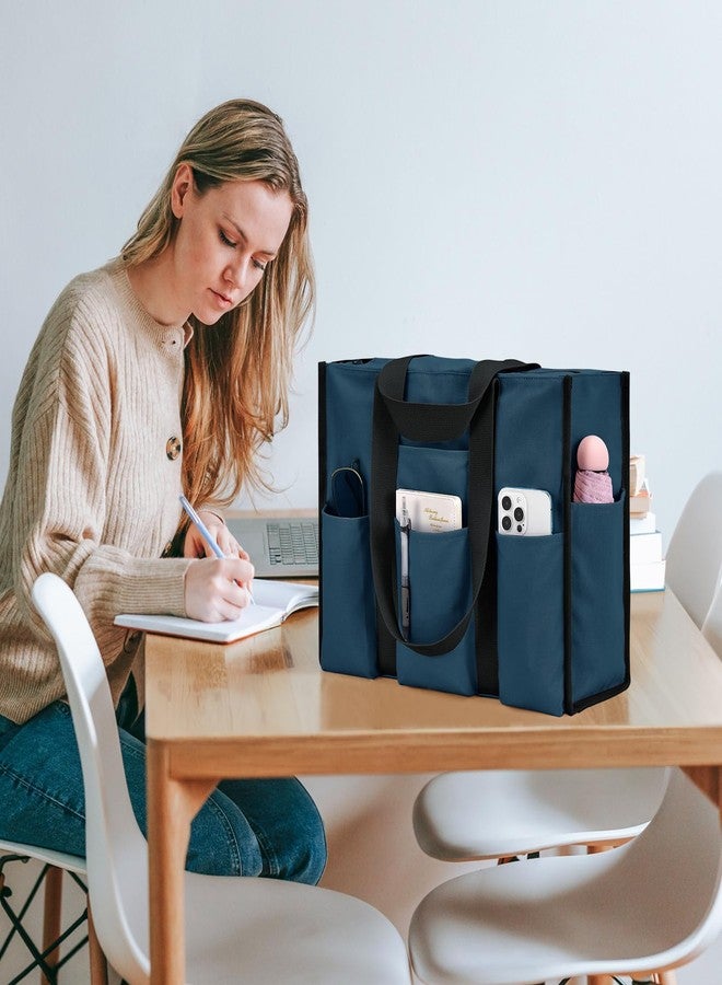 Becokan Large Tote Bag for Women Waterproof with 12 Pockets Top Zipper Closure Utility Teacher Nurse Bags for Work School, Dark Blue, Medium - Image 2