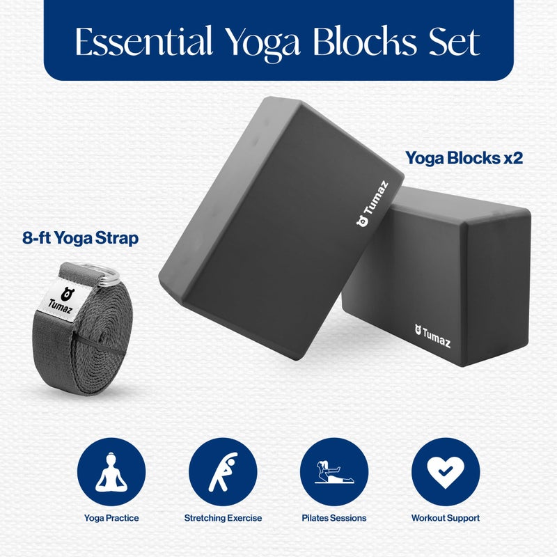 توماز Yoga Blocks 2 Pack with Strap Set, High Density/Lightweight EVA Foam and Non-Slip Natural Cork Blocks u0026 Premium 8F Yoga Strap Set - E-Book Included (gray, 2PS) - Image 2