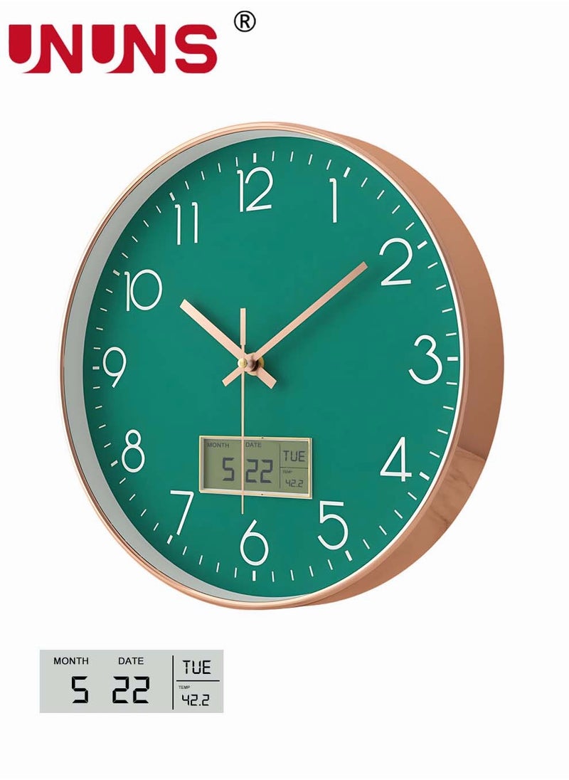 UNUNS - Plastic Frame Wall Clock,Green Rose Gold Frame Digital Wall Clock With Date And Temperature,12 Inch Non-Ticking Round Wall Clock For Home,Decorative Wall Clocks - Image 1