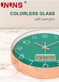 UNUNS Plastic Frame Wall Clock,Green Rose Gold Frame Digital Wall Clock With Date And Temperature,12 Inch Non-Ticking Round Wall Clock For Home,Decorative Wall Clocks  - Image 3