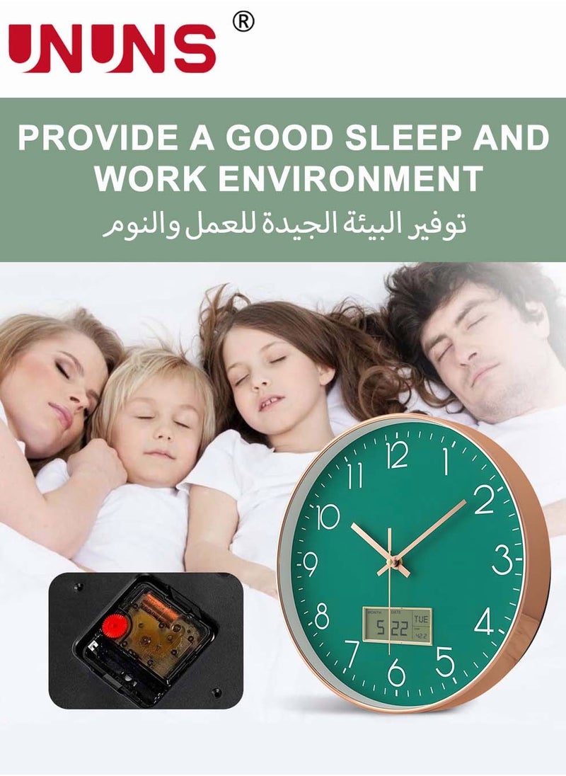 UNUNS - Plastic Frame Wall Clock,Green Rose Gold Frame Digital Wall Clock With Date And Temperature,12 Inch Non-Ticking Round Wall Clock For Home,Decorative Wall Clocks - Image 1