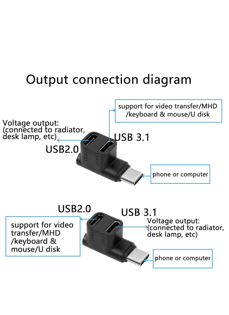 Oasisgalore - USB C Adapter, Type-C to 2 USB 3.1 USB C PD100W Charging Connector, 90 Degree USB C Male to Dual USB-C Female Adapter for Smartphone Laptop Tablet - Image 1