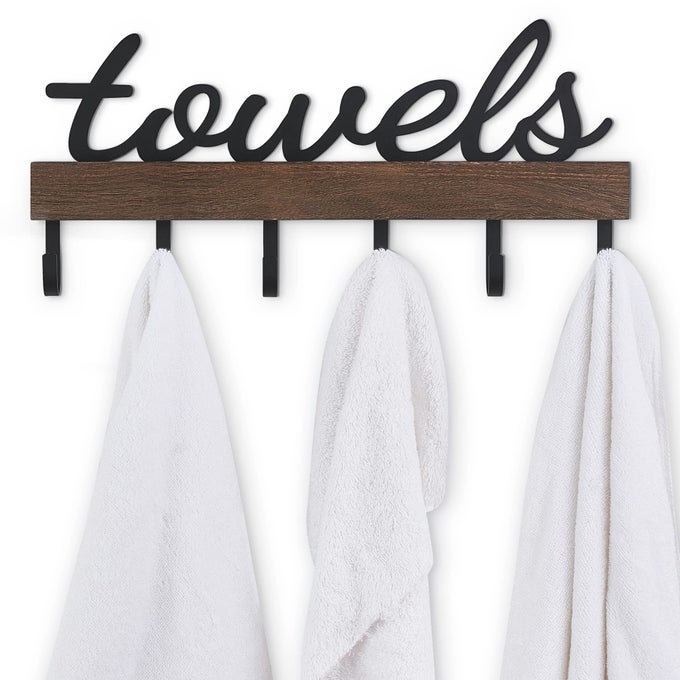 TOWEL RACK WITH 6 HOOKS TOWEL HOLDER WALL MOUNT BATHROOM ORGANIZER RUSTIC FARMHOUSE HOME DECOR TOWEL HANGER STORAGE HOOKS FOR TOWEL ROBE BAG BLACK