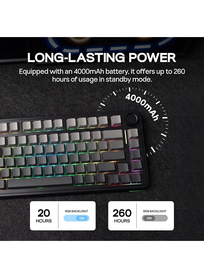 ابوماكر لوحة مفاتيح ميكانيكية للألعاب Ea75 75% RGB بتردد 2.4 جيجاهرتز/نوع C/Bt، لوحة مفاتيح لاسلكية بلون كريمي مع مقبض، أغطية مفاتيح لامعة من مادة البولي بروبيلين قابلة للتبديل السريع للاعبين (مفتاح V3 من الخشب الرمادي المتدرج الأسود) - Image 5