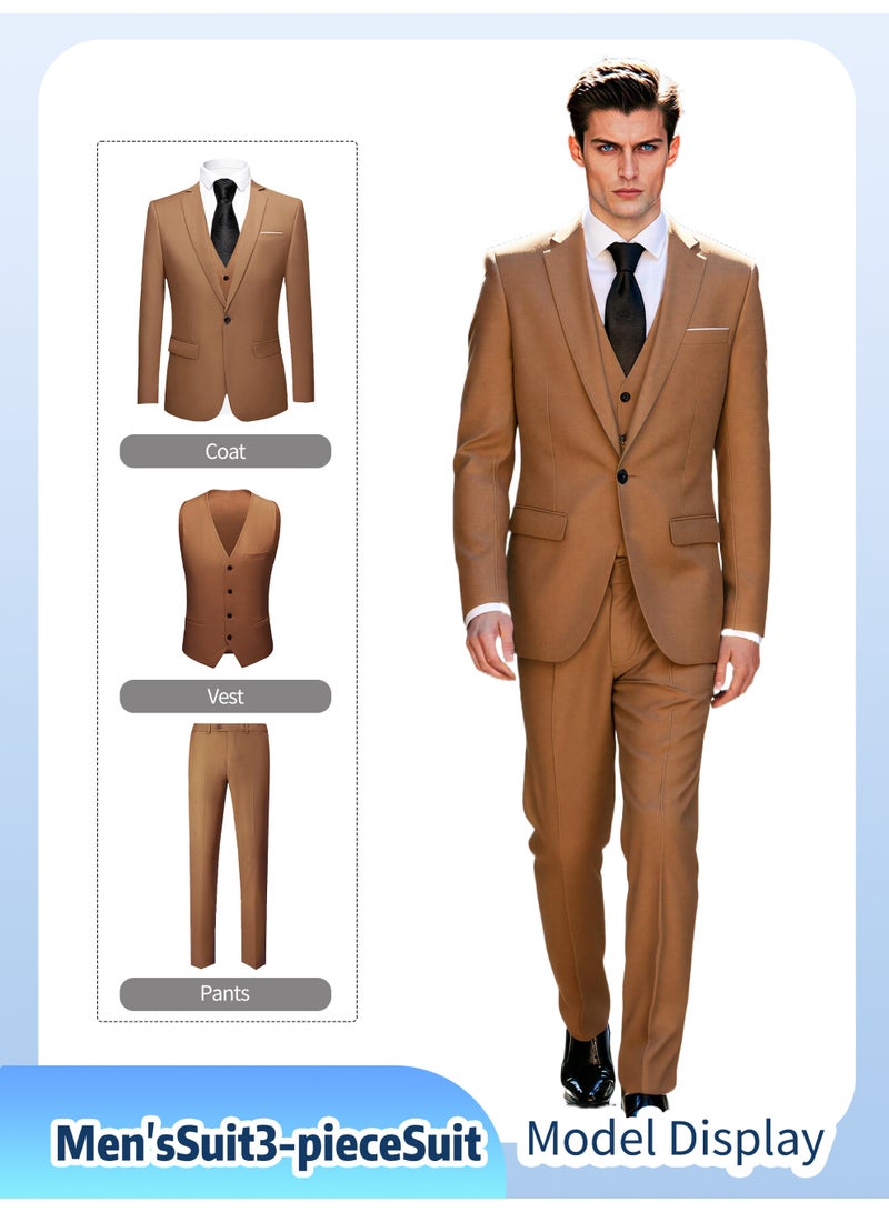 3 Pcs Men Suit Blazer Vest Pants Lapel Collar Solid Color Flap Pockets for Commuting Dinner Business Wedding Various Occasions - Image 1