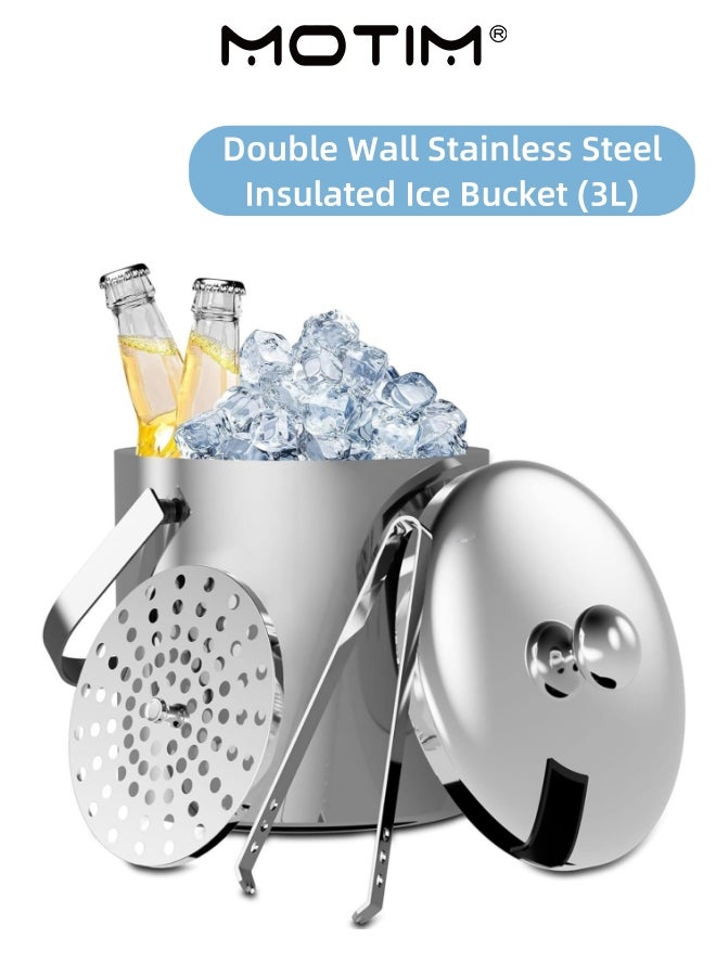 موتيم مزدوج الجدار دلو الثلج العازل للصلب غير القابل للصدأ 3L مع Lid Strainer و Tongs for Cocktail Bar Wine Home Bar Accessories Parties Champagne Bucket  - Image 1
