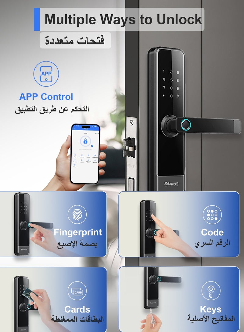 Makayuron Smart Door Lock with 4585 Mortise – 5-in-1 Unlocking: Fingerprint, Passcode, 7*Cards, TTLock App, Mechanical Key – Remote Access & Real-Time Monitoring - Image 2