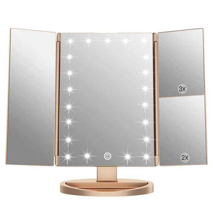 VANITY MAKEUP MIRROR1X2X3X TRIFOLD MAKEUP MIRROR WITH 21 LED LIGHTS AND ADJUSTABLE TOUCH SCREEN LIGHTED MIRROR DRESSING MIRRORS FOR WOMENGIRL GOLD