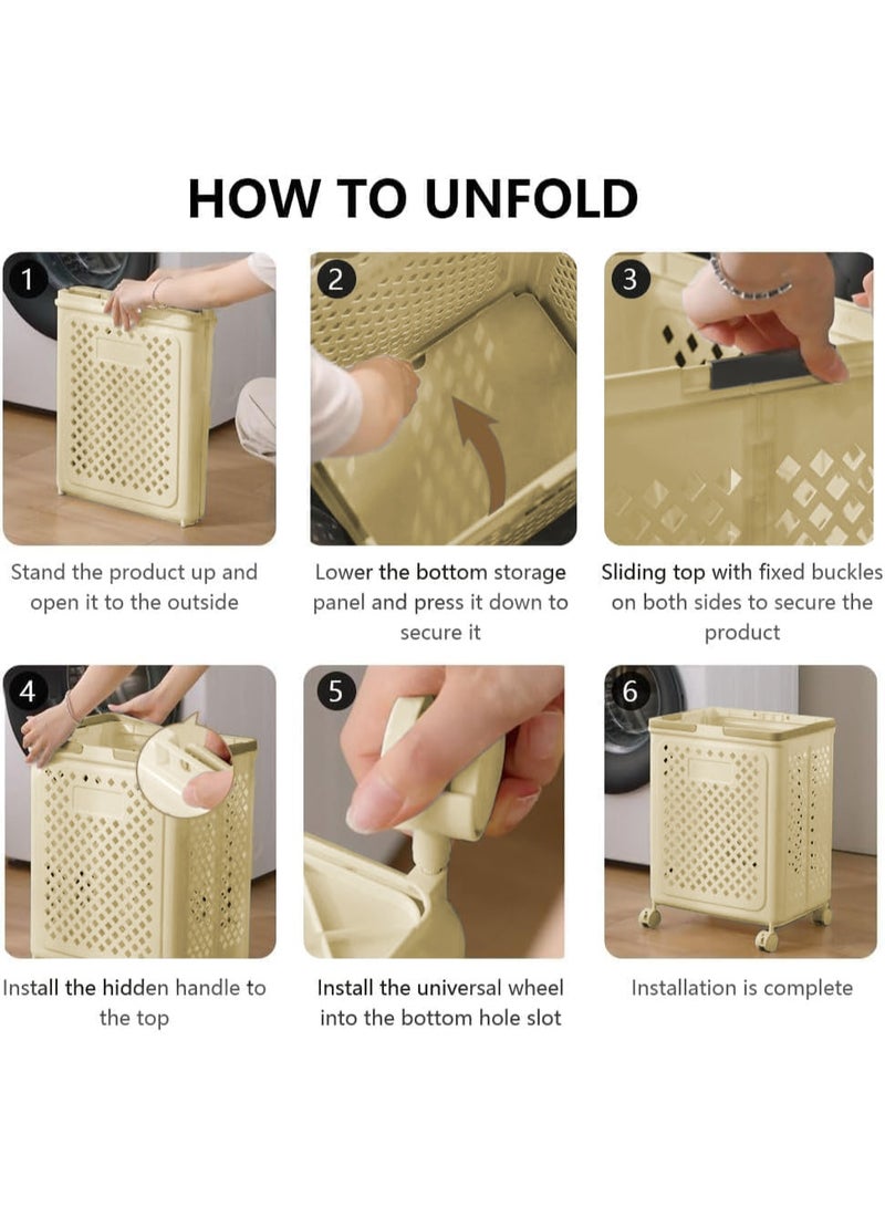 شو وو عربة سلة غسيل كبيرة السعة، سلال غسيل بلاستيكية قابلة للطي، سلال غسيل قابلة للطي، سلة غسيل دوارة، سلة تخزين محمولة متعددة الاستخدامات بعجلات ومقابض 360 درجة - Image 4