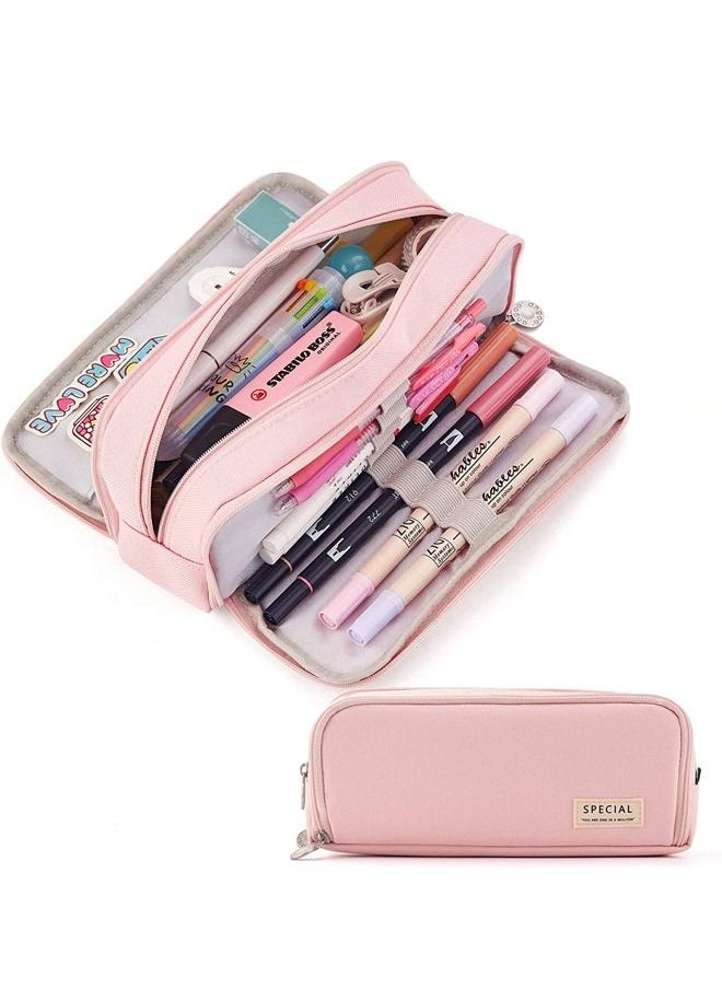 Beauenty - Pencil Case Large Capacity Pencil Pouch 3 Compartments Pencil Bag Gift for Students Girls Adults Women (Pink) - Image 1