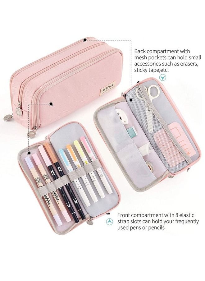 Beauenty - Pencil Case Large Capacity Pencil Pouch 3 Compartments Pencil Bag Gift for Students Girls Adults Women (Pink) - Image 1