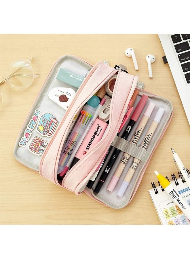Beauenty - Pencil Case Large Capacity Pencil Pouch 3 Compartments Pencil Bag Gift for Students Girls Adults Women (Pink) - Image 1
