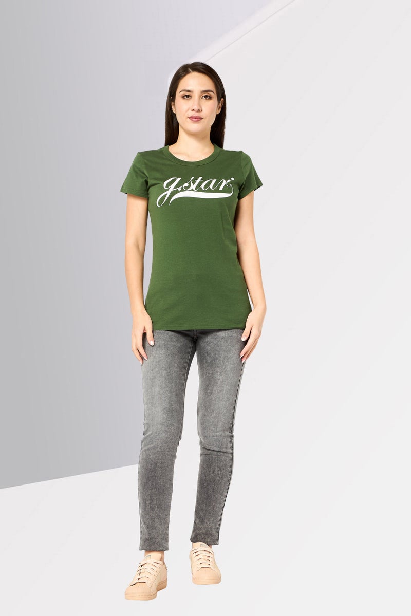 G-Star RAW Women Round Neck Brand Logo Short Sleeve Top, Green - Image 2