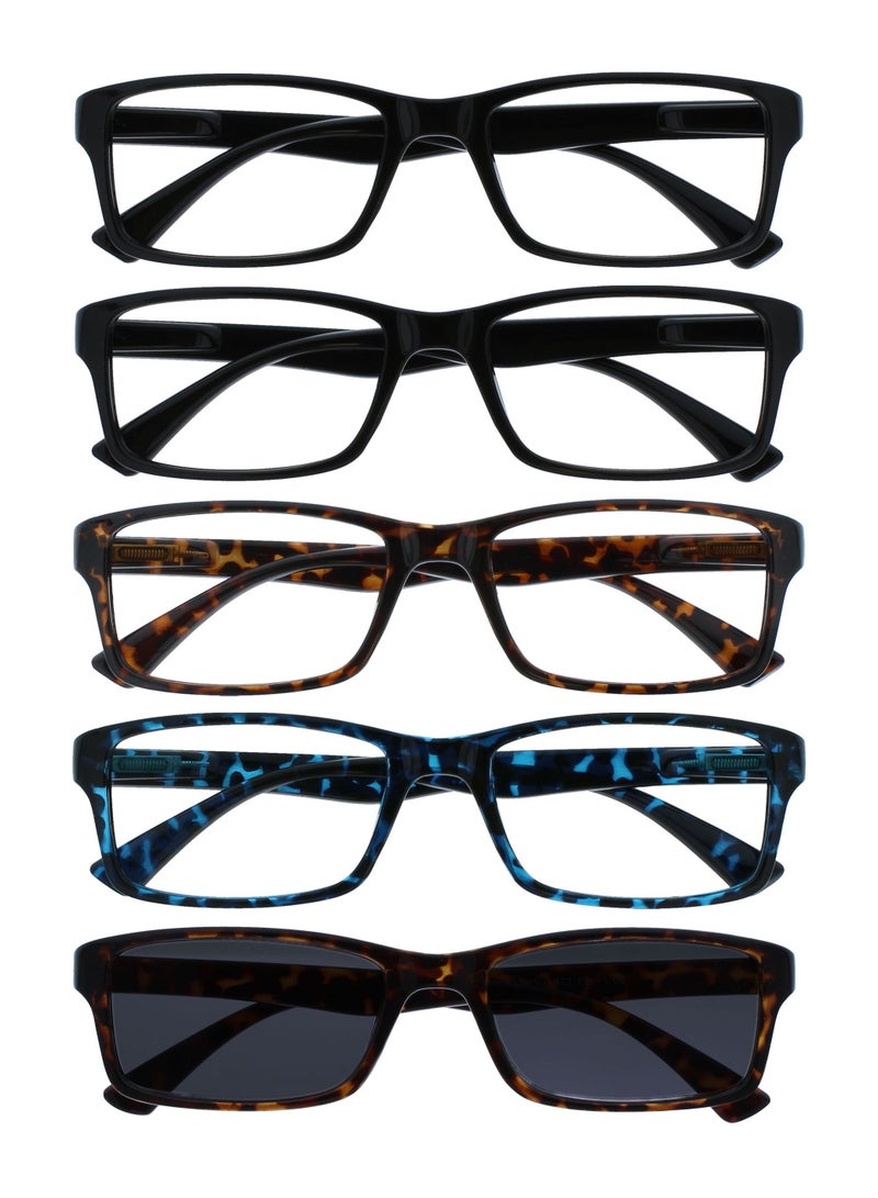 OPULIZE PEP Reading Glasses for Women Men With Reading Sunglasses  - Value 5 Pack - Large Rectangular Designer Frame - Tinted UV400 Protection Lens - Black Brown Blue With Brown Sun Specs +3.00 - Image 1