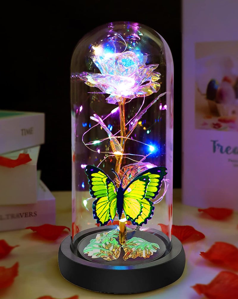Fvawe Christmas Rose Gifts for Women Mom Grandma Wife Galaxy Glass Butterfly Colour Light Up Rose Flowers in Glass Dome - Image 1