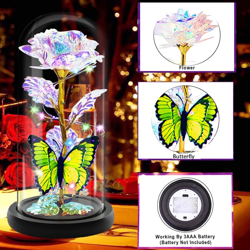 Fvawe Christmas Rose Gifts for Women Mom Grandma Wife Galaxy Glass Butterfly Colour Light Up Rose Flowers in Glass Dome - Image 4