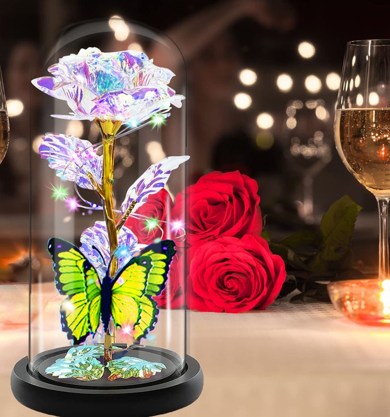 Fvawe Christmas Rose Gifts for Women Mom Grandma Wife Galaxy Glass Butterfly Colour Light Up Rose Flowers in Glass Dome - Image 5
