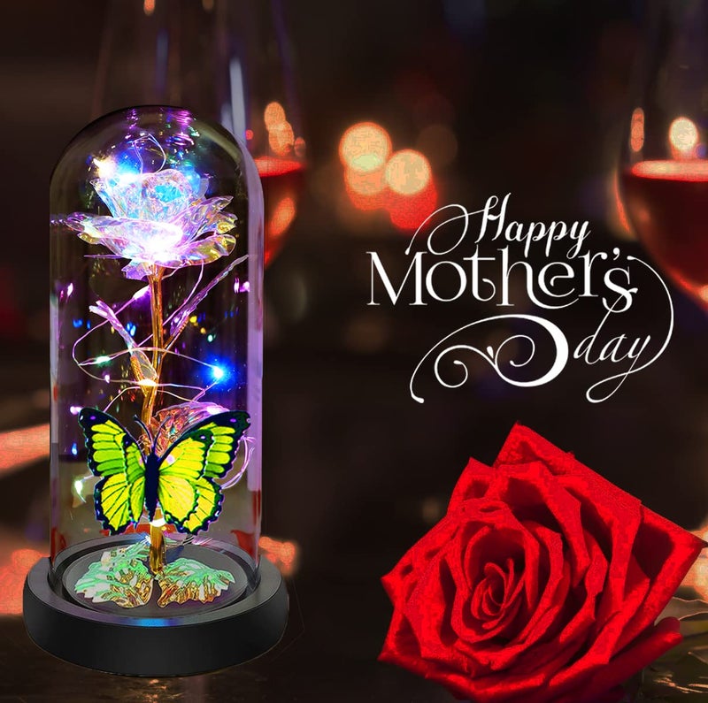 Fvawe Christmas Rose Gifts for Women Mom Grandma Wife Galaxy Glass Butterfly Colour Light Up Rose Flowers in Glass Dome - Image 3