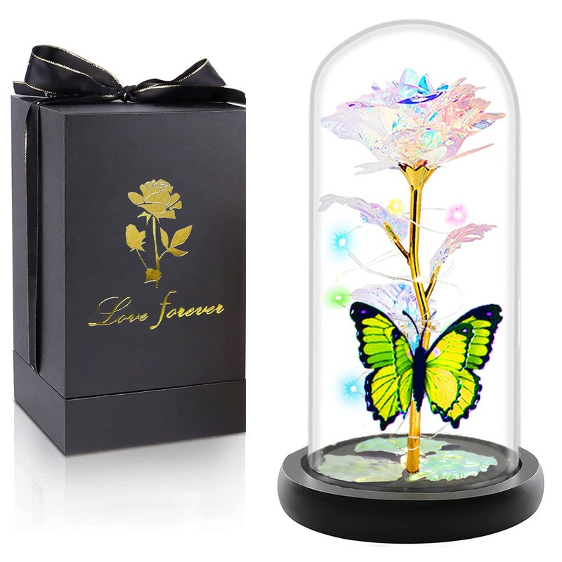 Fvawe Christmas Rose Gifts for Women Mom Grandma Wife Galaxy Glass Butterfly Colour Light Up Rose Flowers in Glass Dome - Image 2